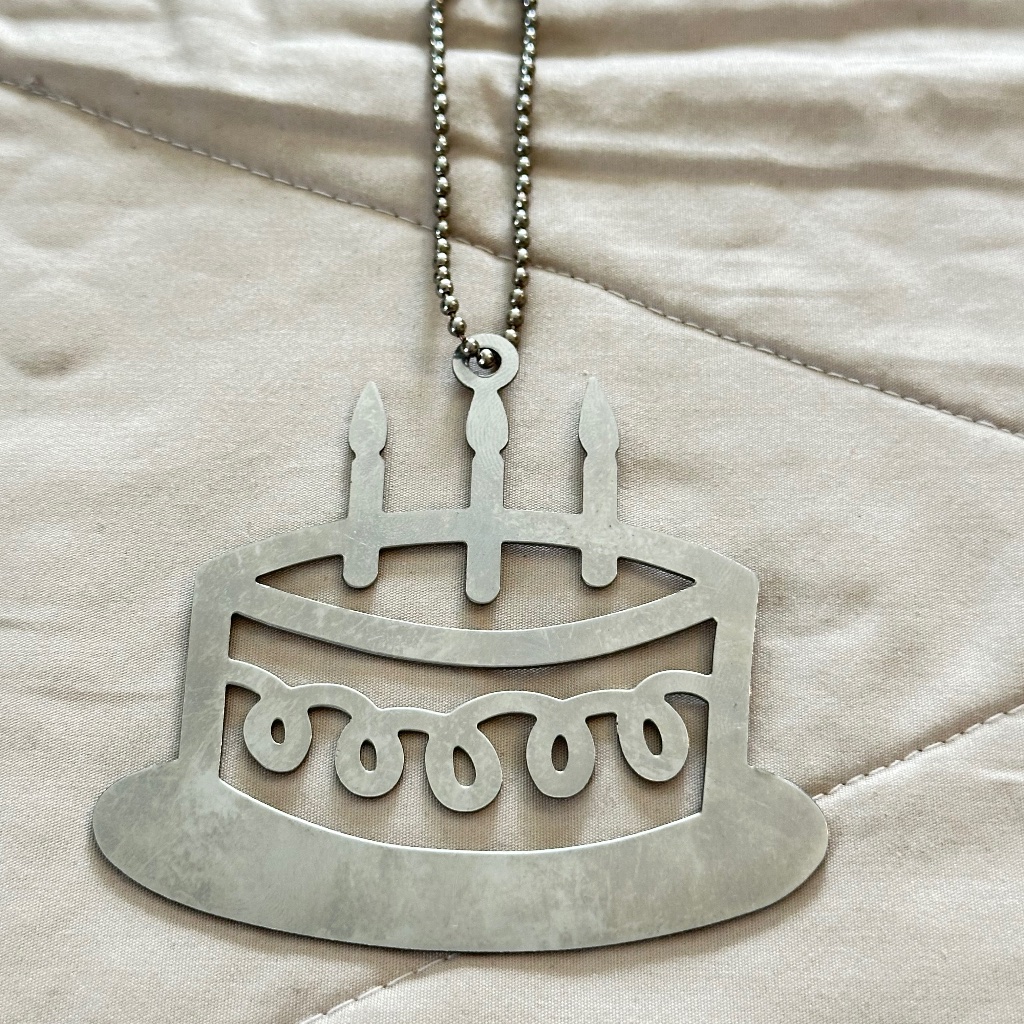 2/$20 Silver Tone Large Birthday Cake Charm On Short Beaded Chain